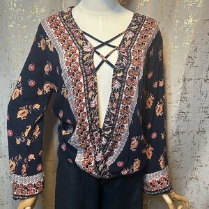 Floral Bohemian Blouse with Deep V-Neck